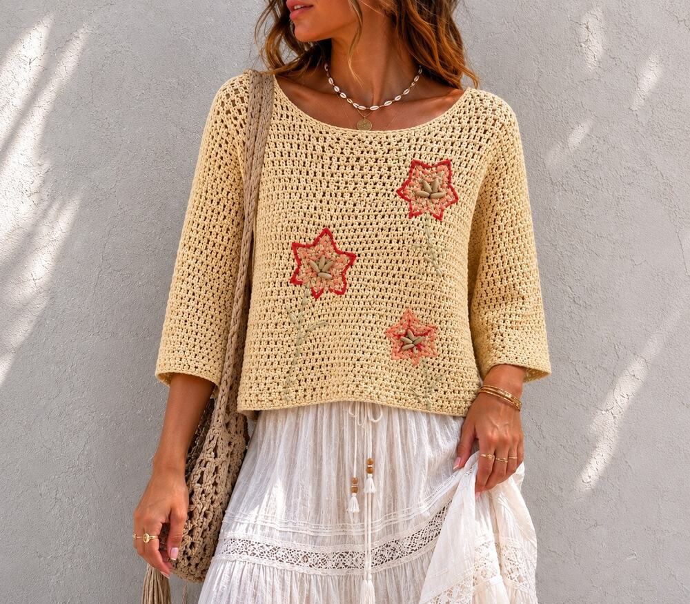 JH Collectibles Crochet Knit Sweater Floral Applique Beach Boho Cottagecore XL